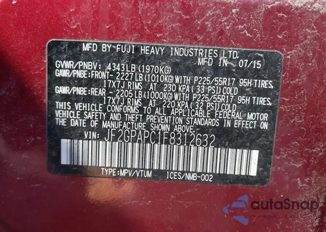 2015 Subaru Xv Crosstrek 2.0I Limited из США, поврежденный, VIN JF2GPAPC1F8312632